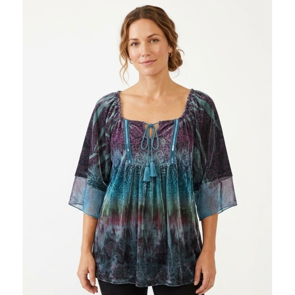 One World Large Petite Blue Purple Velvet Tie Front Boho Whimsigoth Blouse